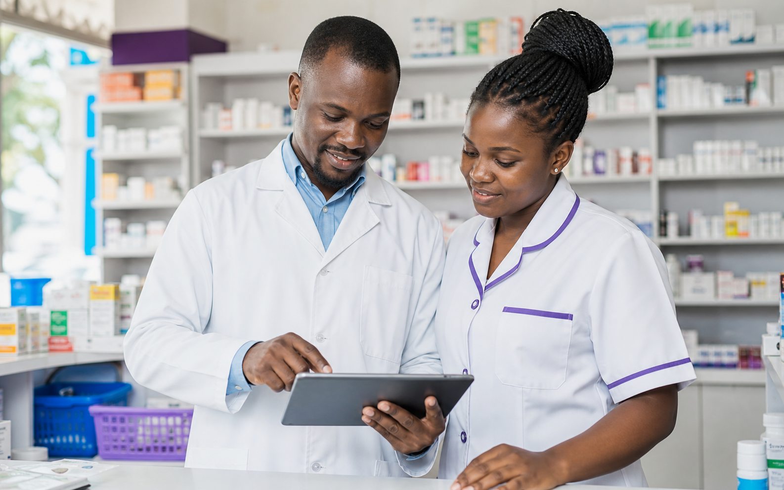 Pharmacy team reviewing inventory on a tablet