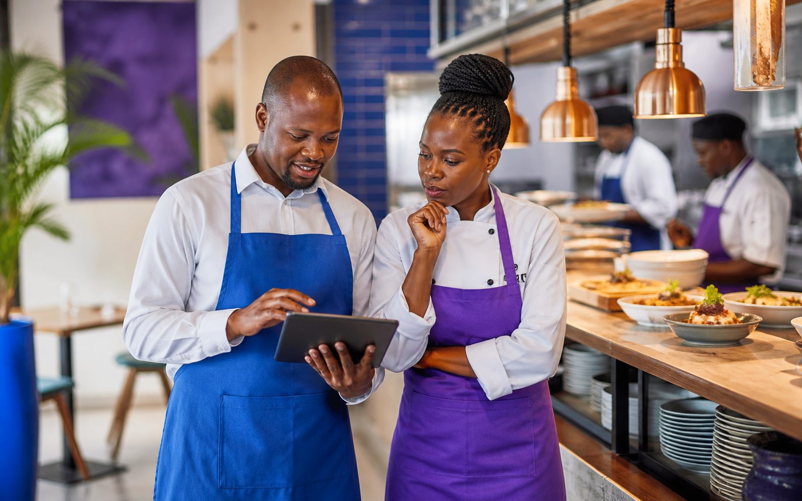 Restaurant team reviewing orders on a tablet