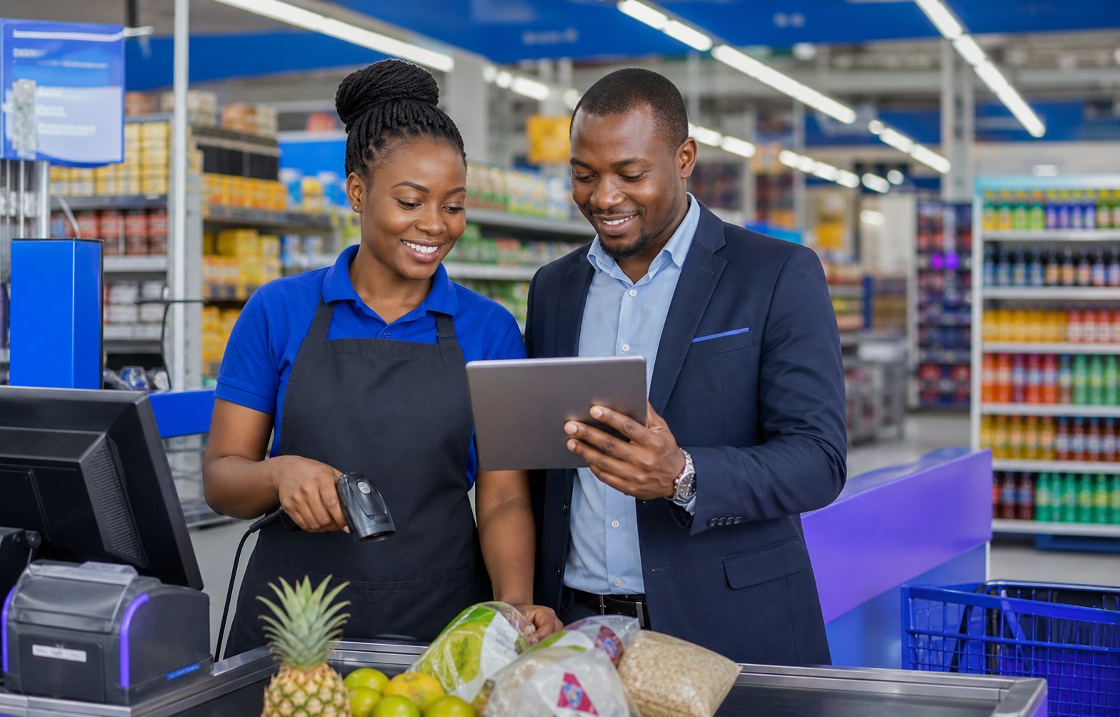 Supermarket staff using a tablet POS at checkout